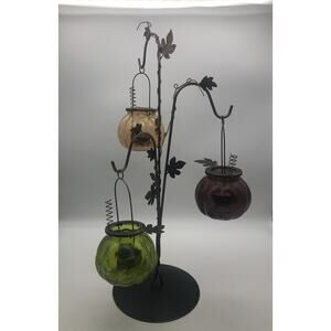 Metal Leaves Candle holders with Tri-color Crack Designed Glasses 18”Tall